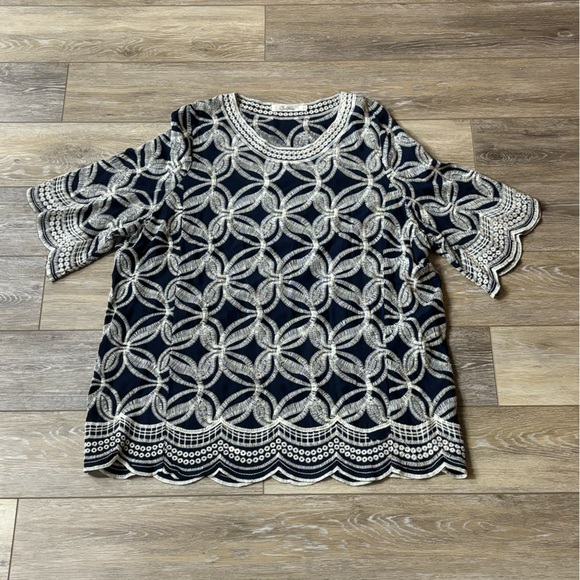 Solitaire Tops - Solitaire Tunic Top Sz 1X Embroidered Floral Blue Anthropologie Boho Peasant